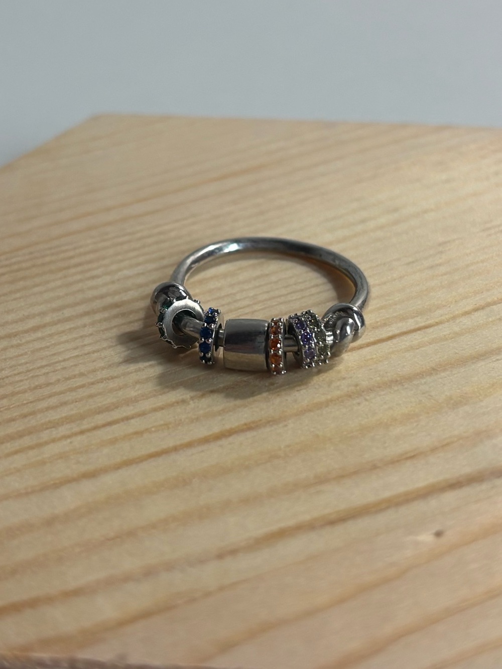 Silver Fidget Bead Ring with Blue and Orange Stones Size 8